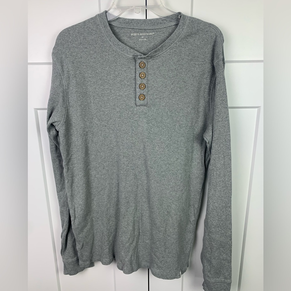 Burt’s Bees Men’s Button Henley Organic Gray Ribbed Long Sleeve Minimalist